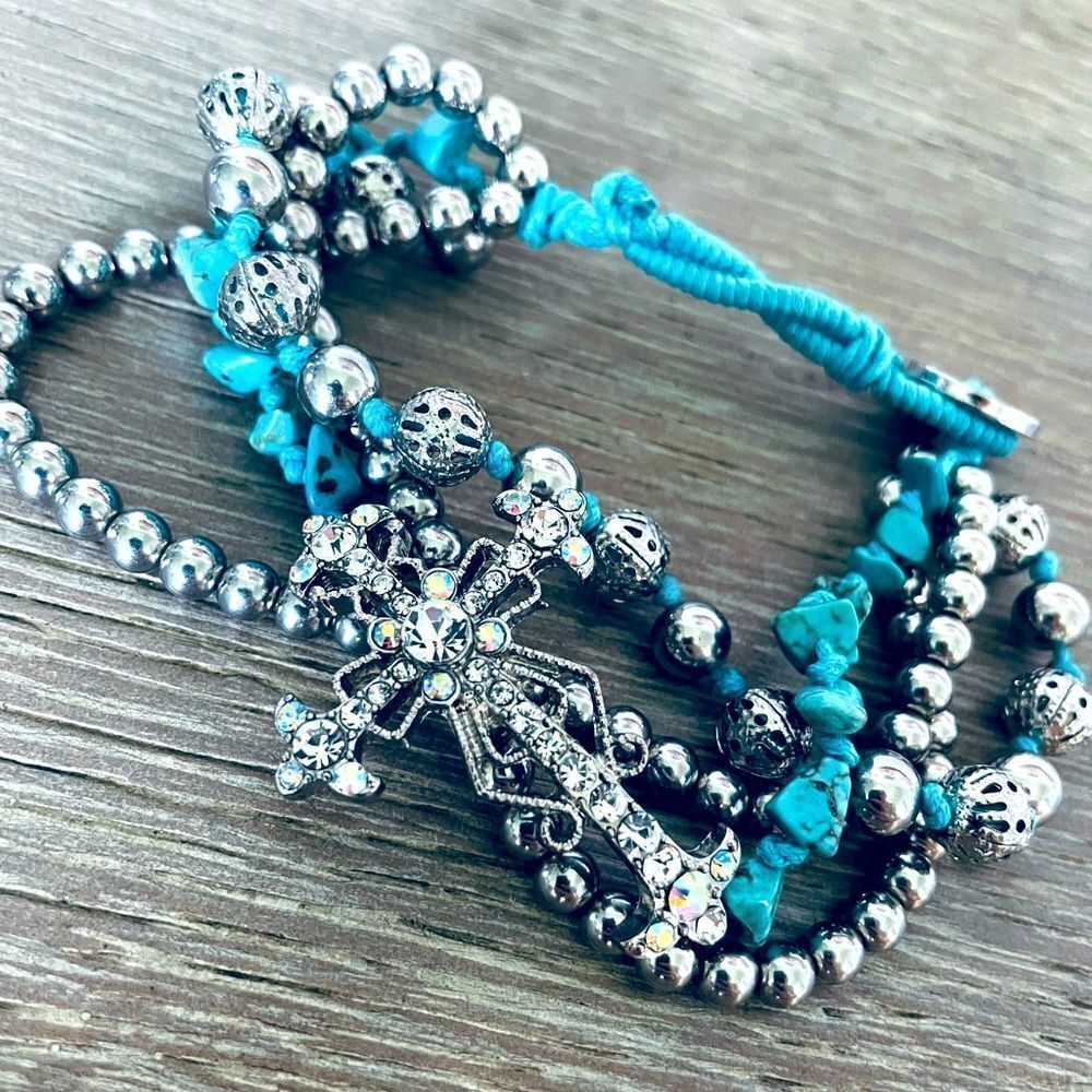 Turquoise Blue Silver Beaded Bling Crystal Cross Bracelet